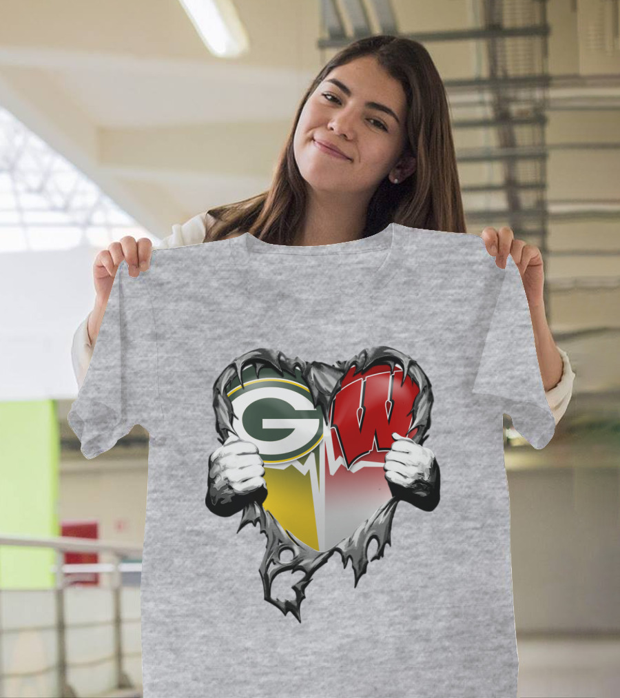 Green Bay Packers And Wisconsin Badgers Rip Heart T-Shirt