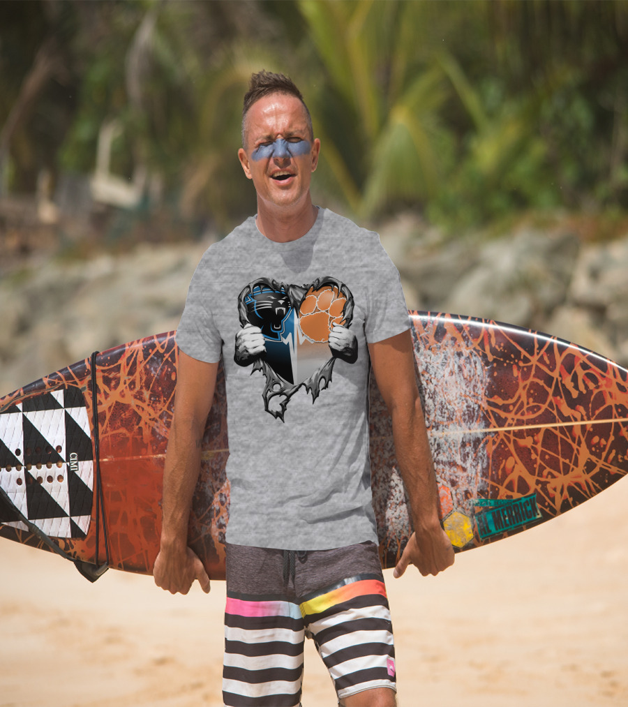 Carolina Panthers Clemson Tigers Heart Ripped T-Shirt