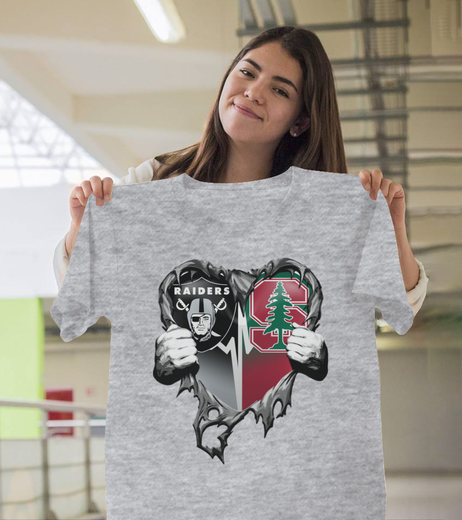 Raiders Stanford Cardinal Heart Football Fusion T-Shirt