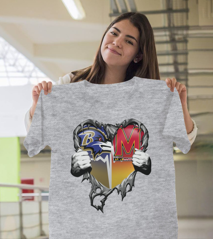 Baltimore Ravens Maryland Terrapins Heart Rip Football Fan T-Shirt