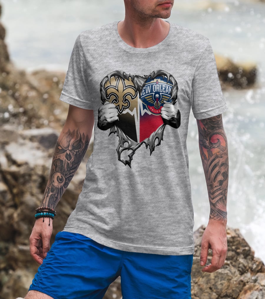 New Orleans Saints Pelicans Heart Tear T-Shirt