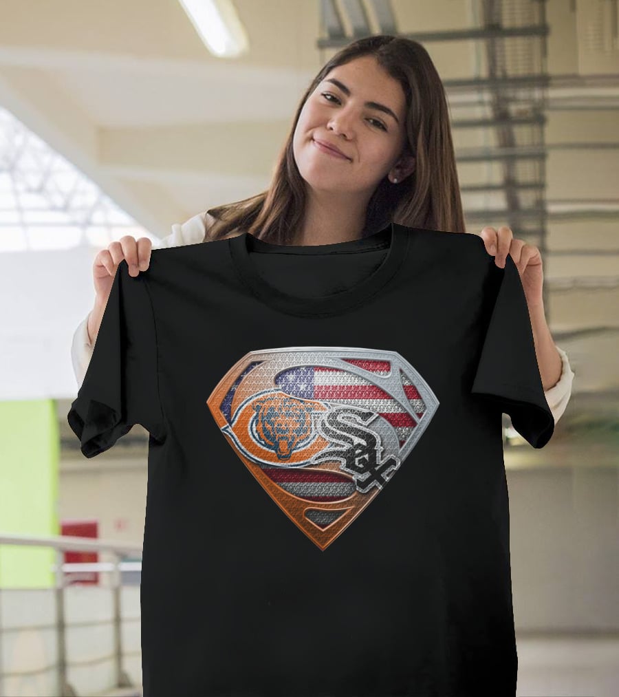 Chicago Bears White Sox American Flag Superman Shield T-Shirt