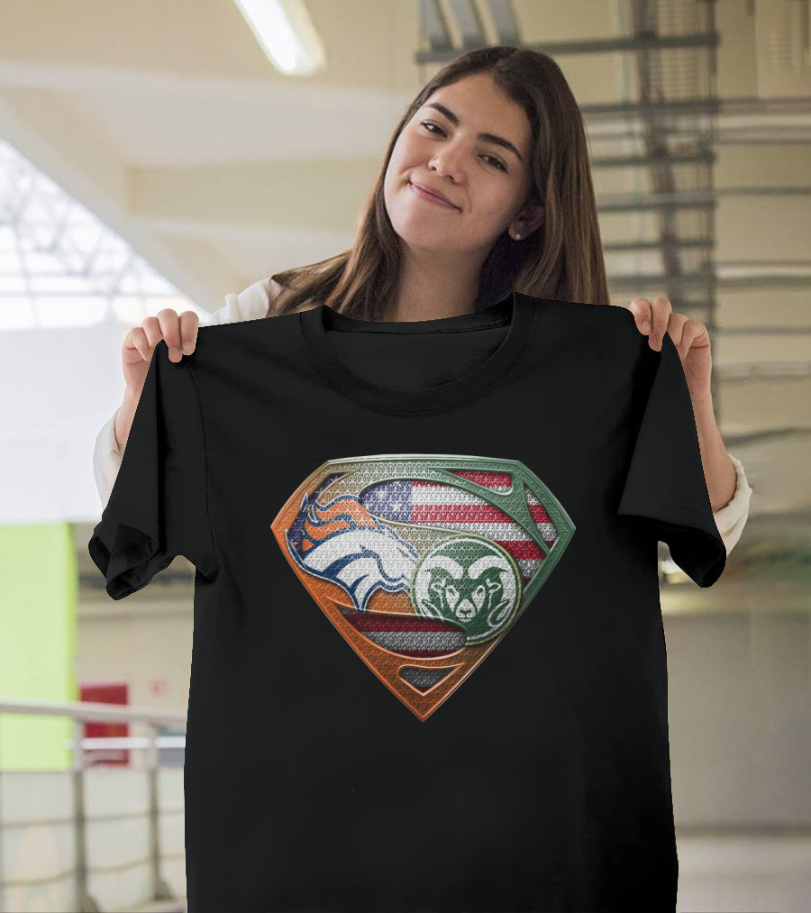 Denver Broncos And Colorado State Rams Superman Shield American Flag Montage T-Shirt