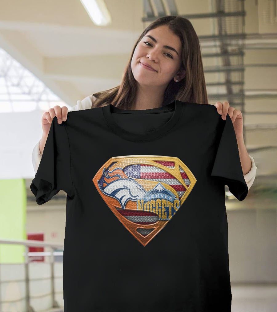 Denver Broncos Nuggets American Flag Superman Shield T-Shirt