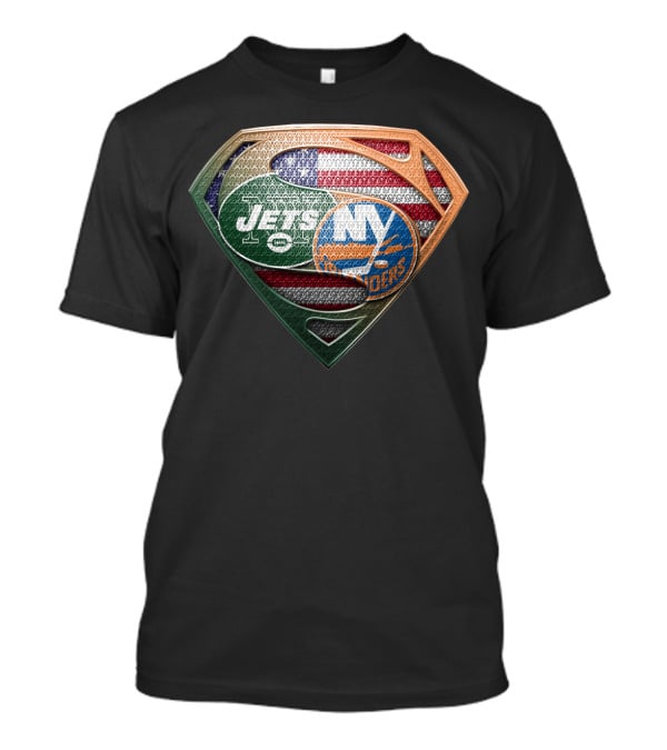 New York Jets Ny Islanders American Flag Superman Shield T-Shirt
