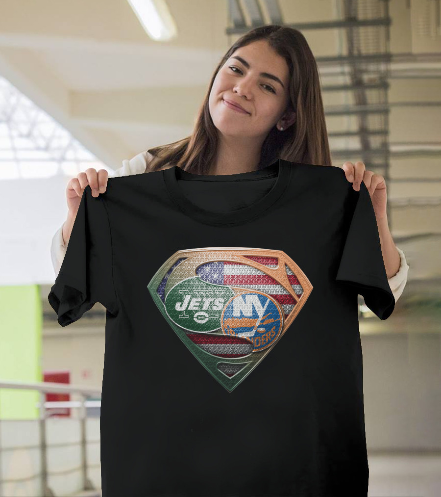 New York Jets Ny Islanders American Flag Superman Shield T-Shirt