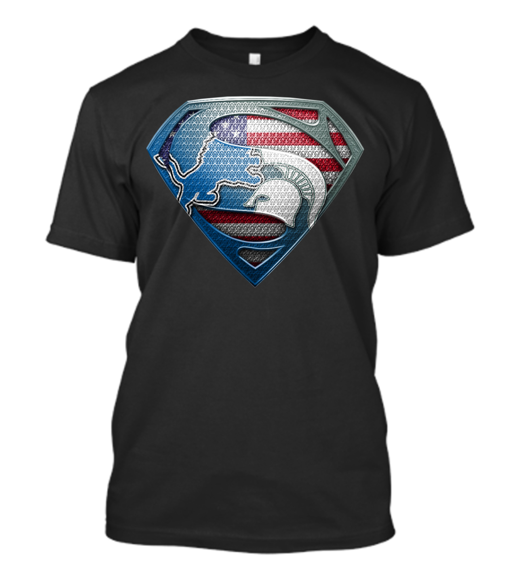 Detroit Lions And Michigan State Spartans American Flag Superman T-Shirt