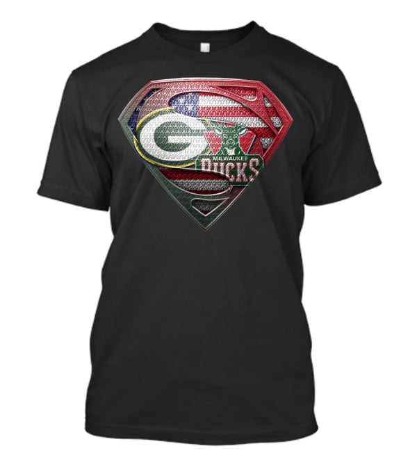 Green Bay Packers Milwaukee Bucks American Flag Superman Shield T-Shirt
