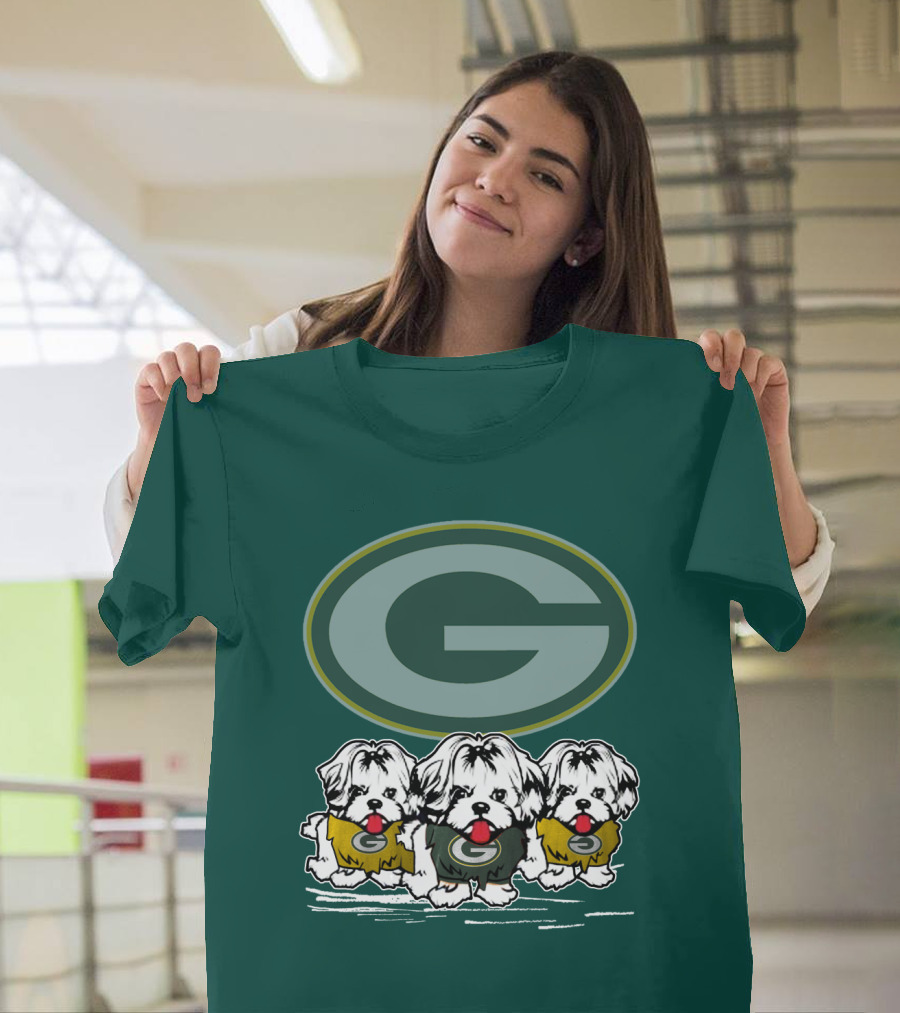 Green Bay Packers Logo With Three Dogs In Jerseys T-Shirt