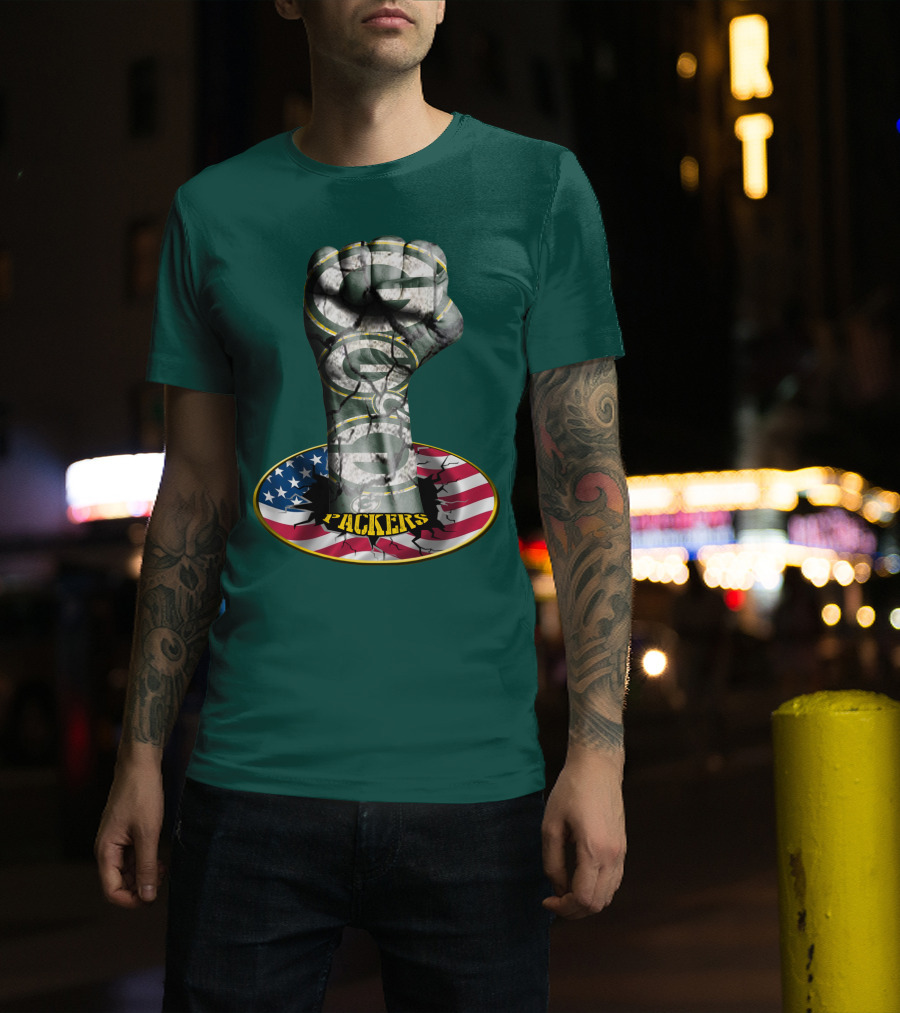 Fist With Green Bay Packers Logo On Cracked American Flag T-Shirt