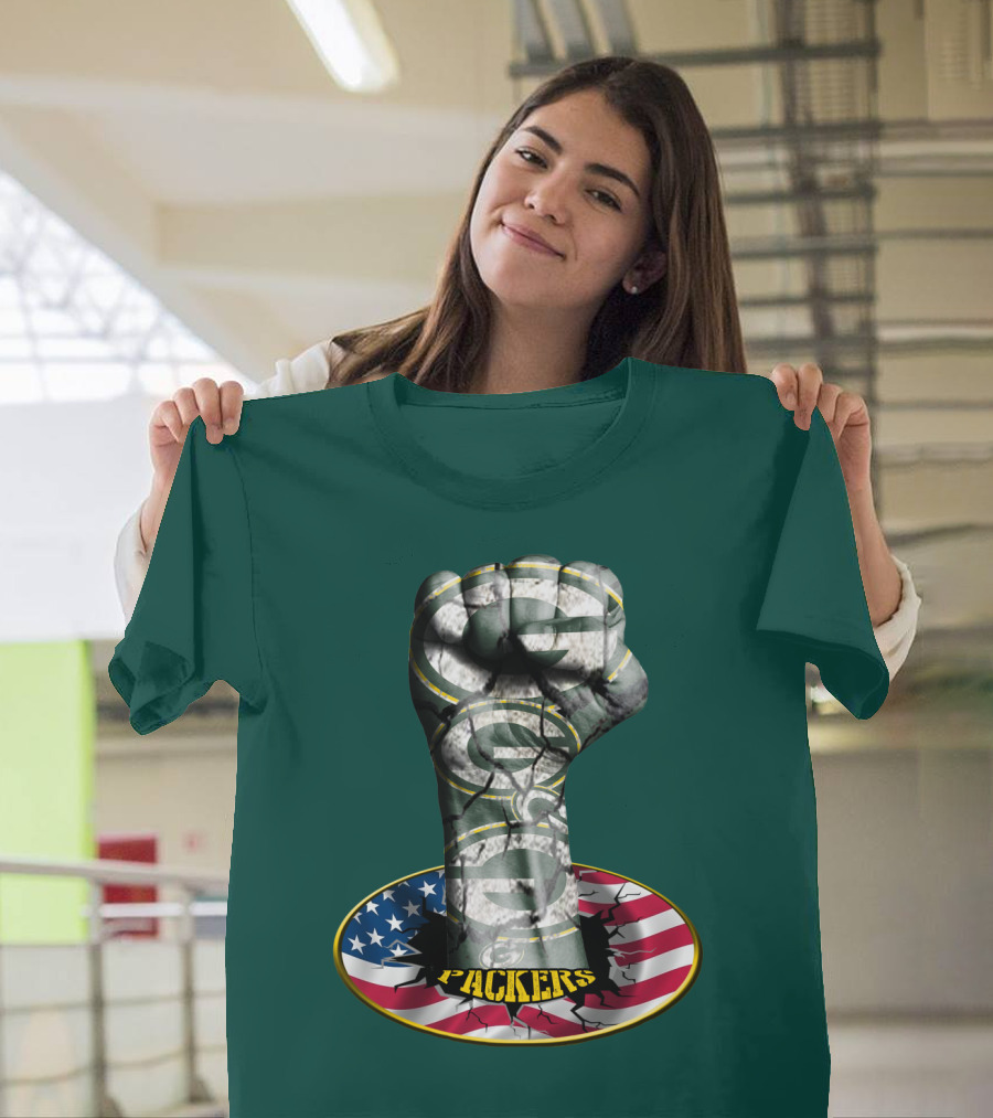 Fist With Green Bay Packers Logo On Cracked American Flag T-Shirt