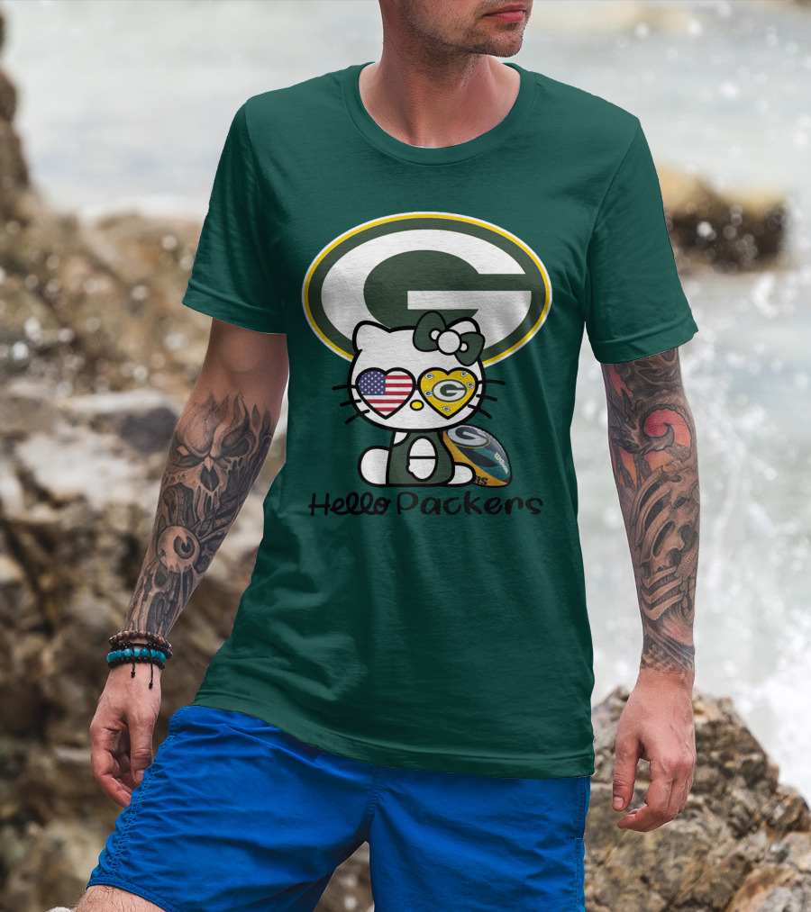 Hello Packers Green Bay Packers Football Fan Art Featuring Kitty With American Flag Heart T-Shirt