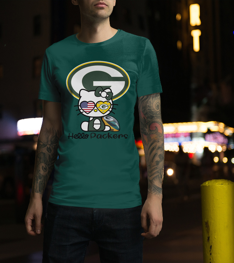 Hello Packers Green Bay Packers Football Fan Art Featuring Kitty With American Flag Heart T-Shirt