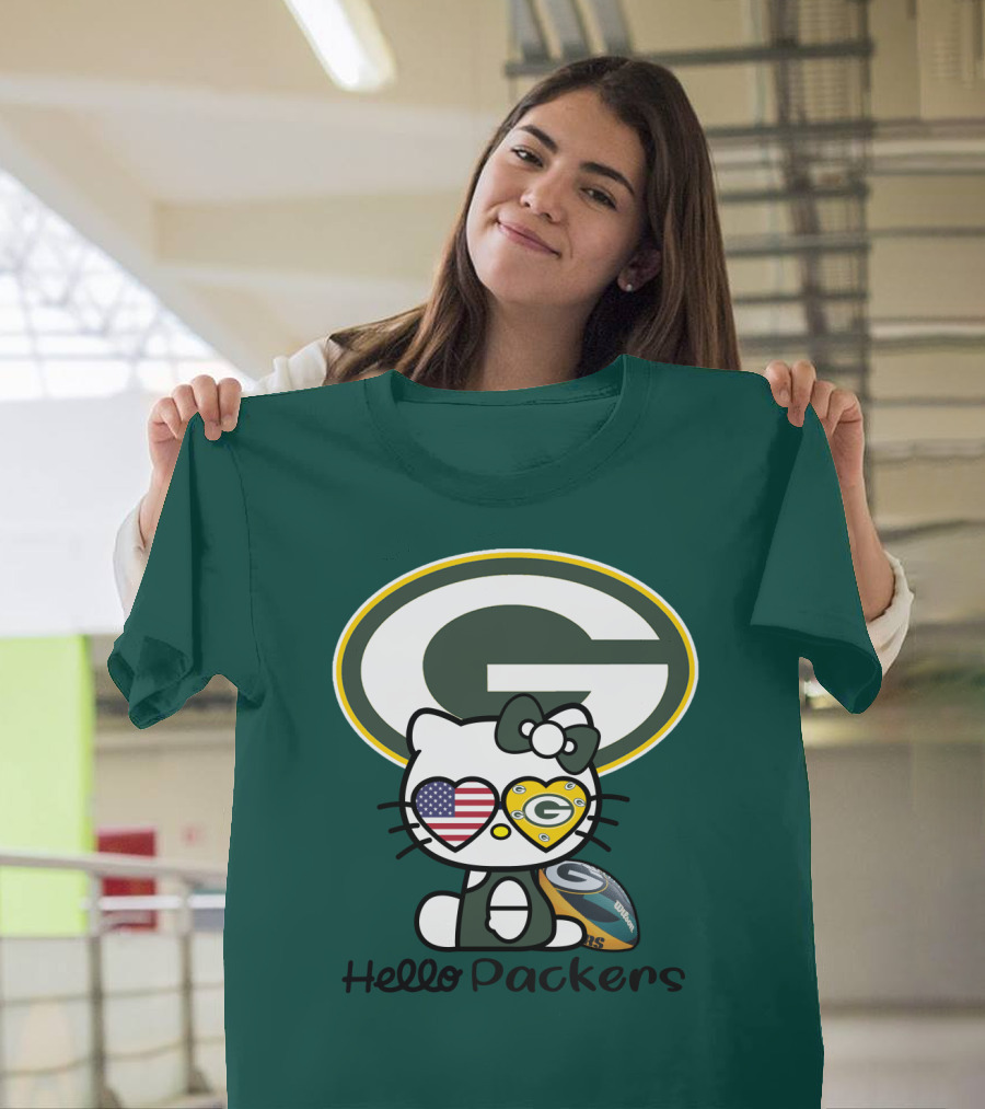 Hello Packers Green Bay Packers Football Fan Art Featuring Kitty With American Flag Heart T-Shirt