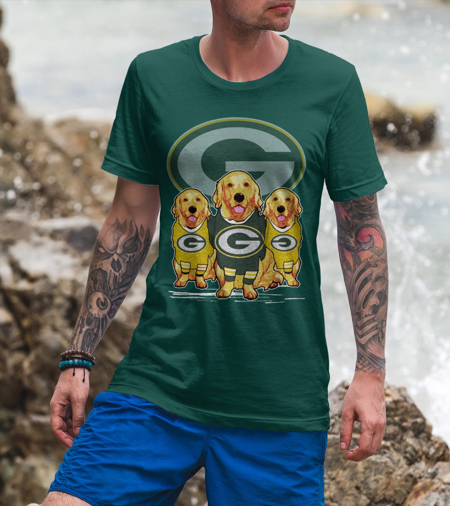 Green Bay Packers Golden Retrievers Sporting Green And Gold Attire T-Shirt