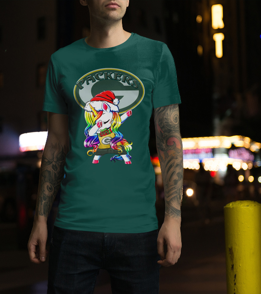 Packers Unicorn Dabbing Santa Hat Green Gold T-Shirt