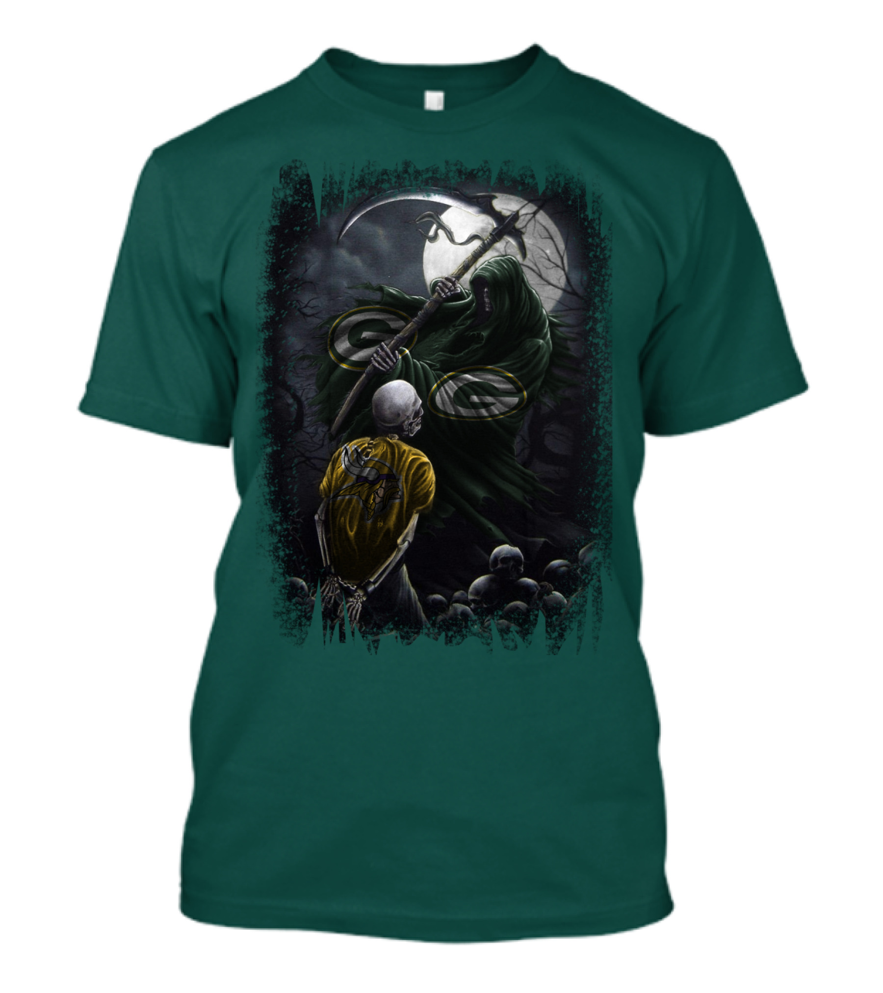 Green Bay Packers Grim Reaper Scene With Skeleton Under Moonlight T-Shirt