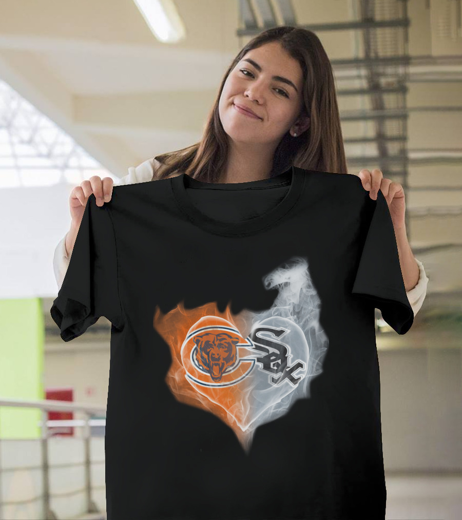 Chicago Bears And White Sox Logos United In Heart-Shaped Smoke T-Shirt