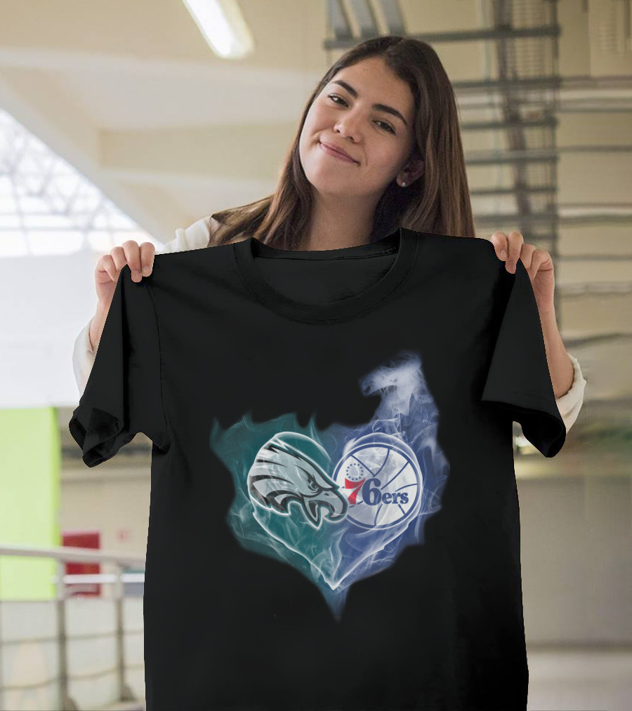 Philadelphia Eagles 76ers Heart Sports Logo Fusion T-Shirt