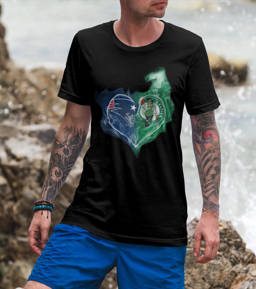 New England Patriots Boston Celtics Heart Smoke Fusion T-Shirt