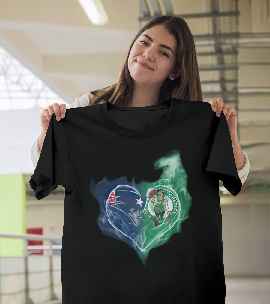 New England Patriots Boston Celtics Heart Smoke Fusion T-Shirt