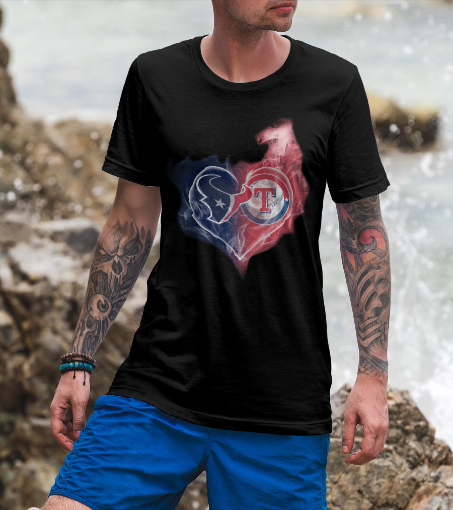 Houston Texans And Texas Rangers Smoke Heart T-Shirt
