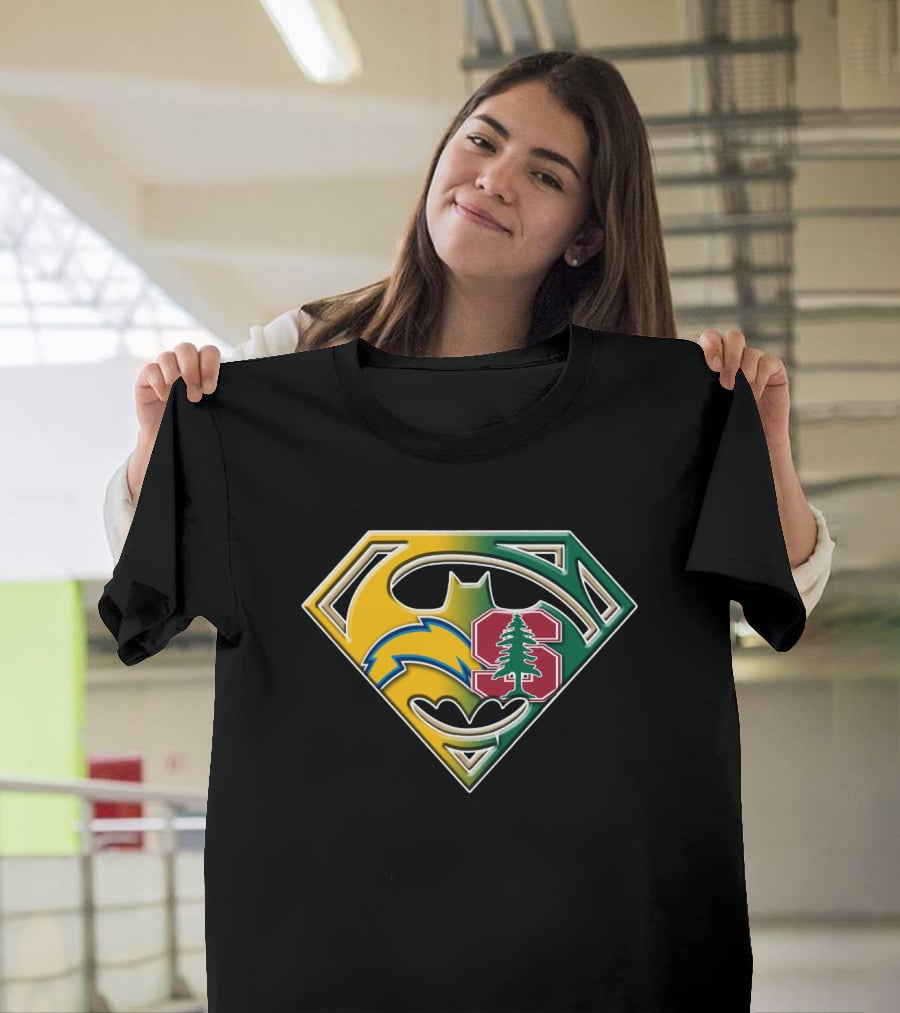 Los Angeles Chargers And Stanford Cardinal Bat Superman Logo Fusion T-Shirt