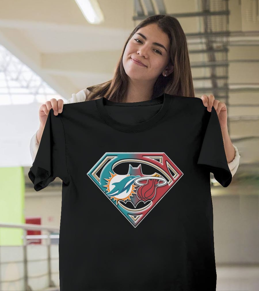 Miami Dolphins Batman Superman Miami Heat Logo Mashup T-Shirt