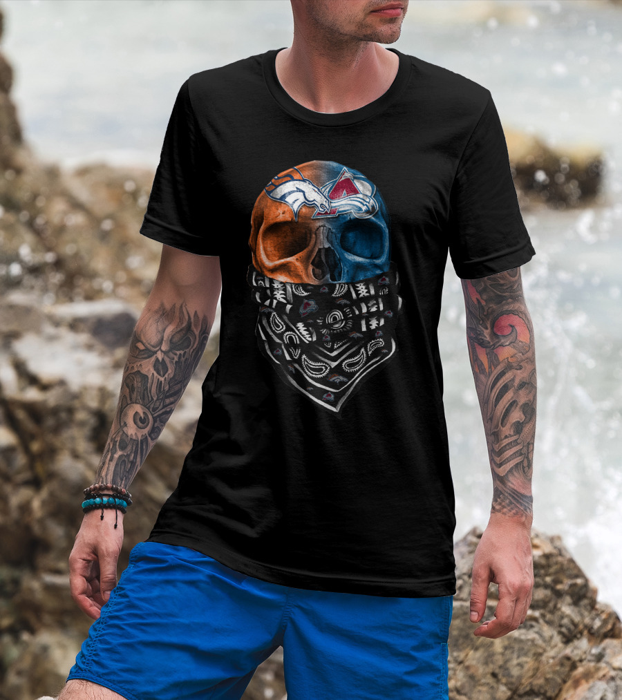 Denver Broncos Colorado Avalanche Skull Bandana T-Shirt