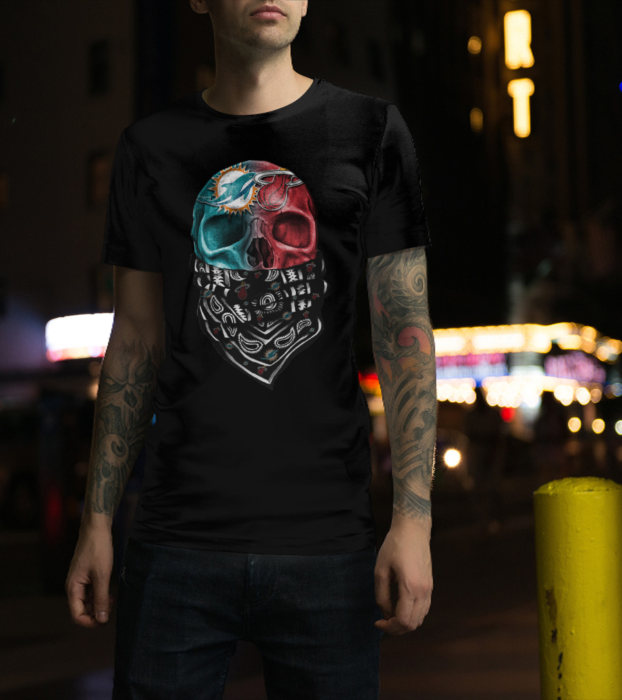 Miami Dolphins And Heat Skull Bandana Combination T-Shirt