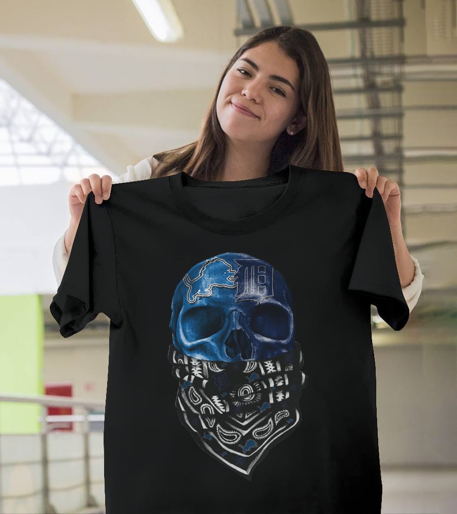 Detroit Lions And Tigers Skull Bandana Blue T-Shirt