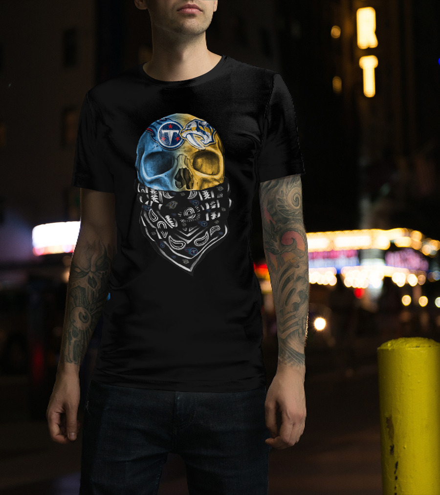 Tennessee Titans Nashville Predators Dual Skull Bandana T-Shirt