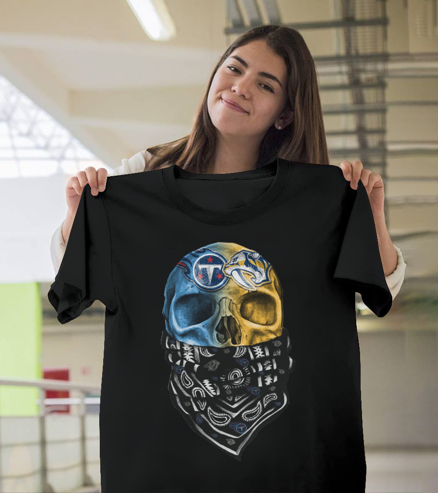 Tennessee Titans Nashville Predators Dual Skull Bandana T-Shirt