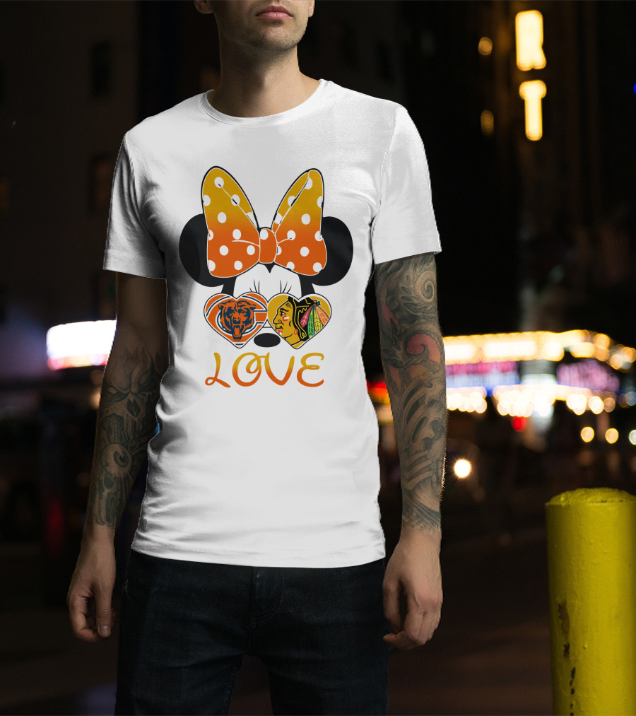 Minnie Mouse Love Chicago Bears Blackhawks Bow T-Shirt