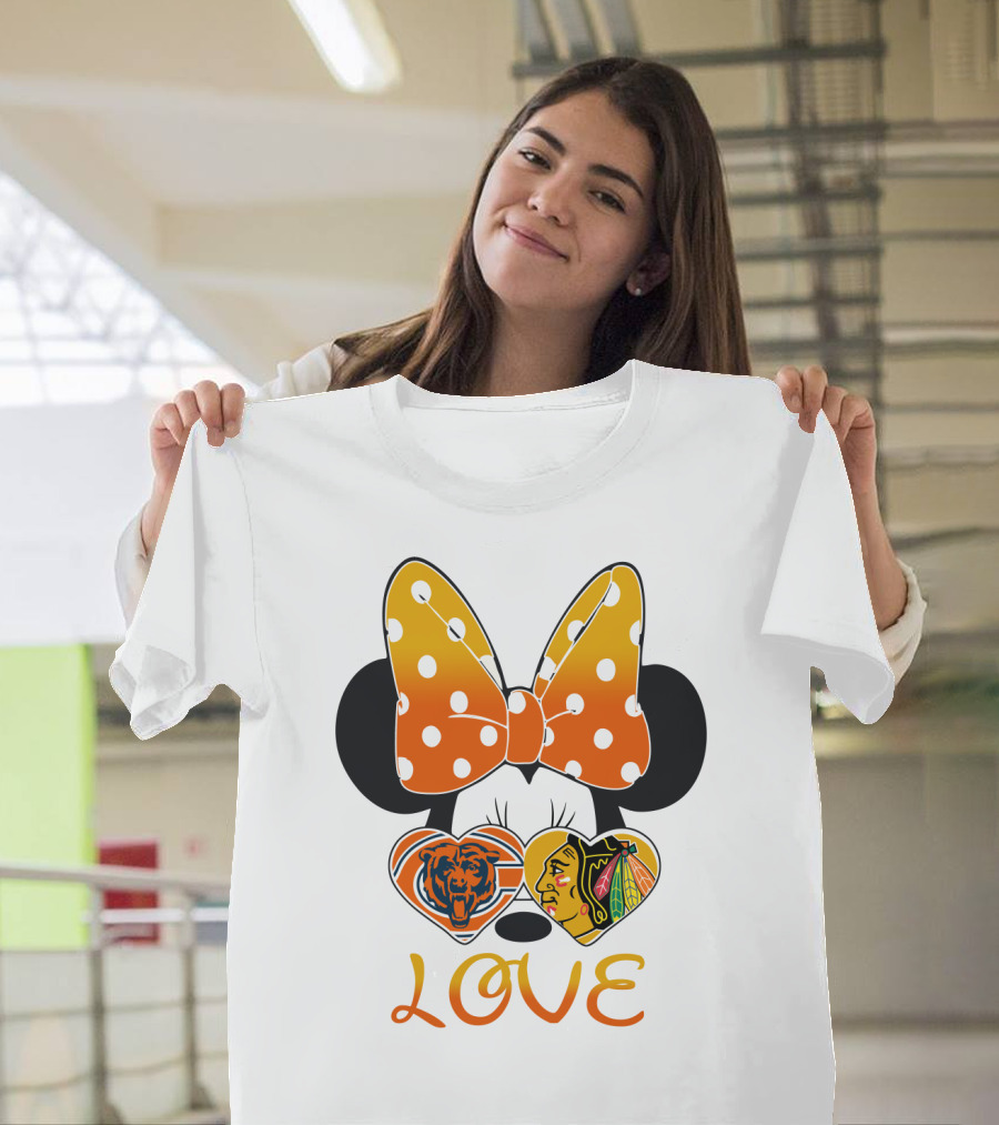 Minnie Mouse Love Chicago Bears Blackhawks Bow T-Shirt