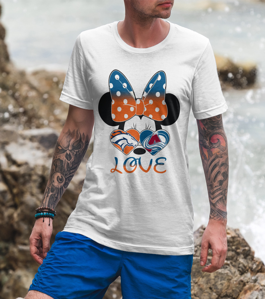 Love Colorado Sports Fans Hearts Broncos Avalanche Minnie Mouse T-Shirt