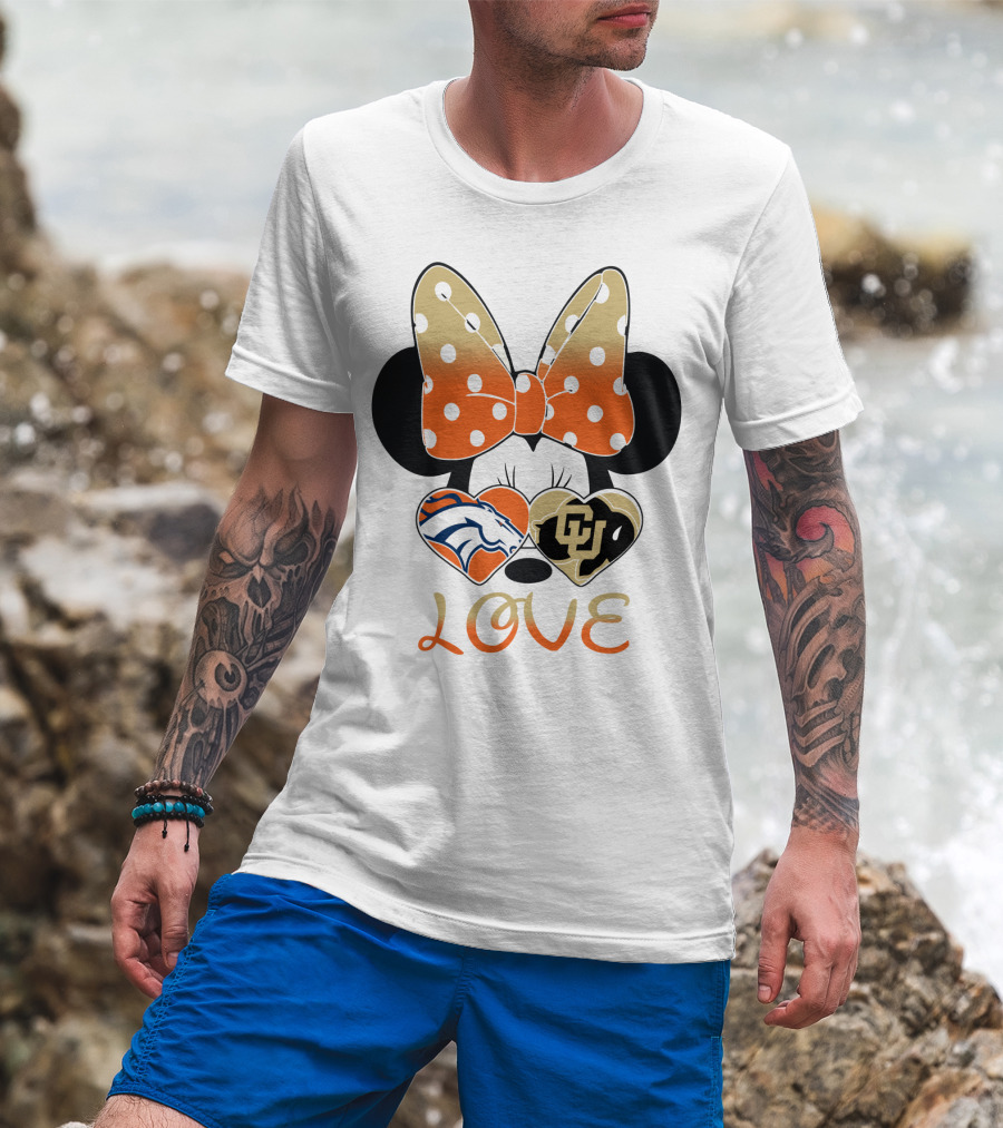 Love Minnie Mouse Orange Bow Denver Broncos University Of Colorado Buffaloes Hearts T-Shirt