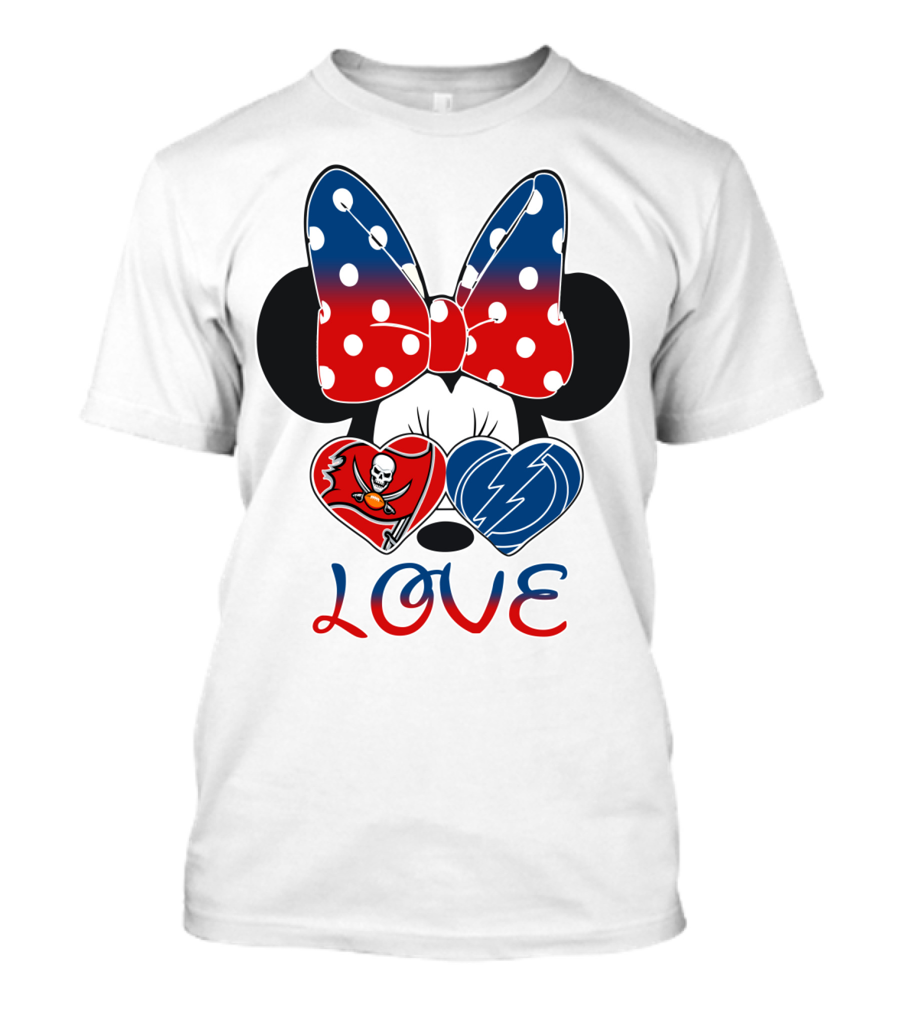 Love Minnie Bow Red And Blue Hearts With Buccaneers And Lightning Logos T-Shirt