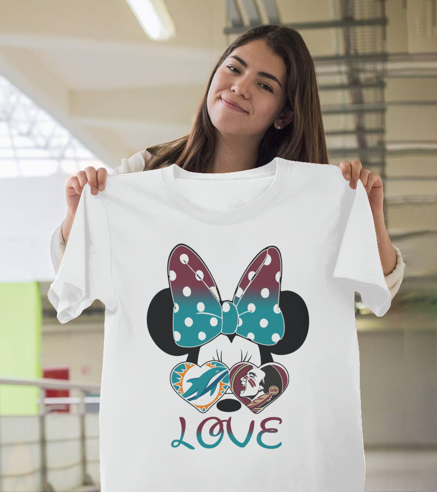 Love Minnie Bow Miami Dolphins Florida State Seminoles Hearts T-Shirt