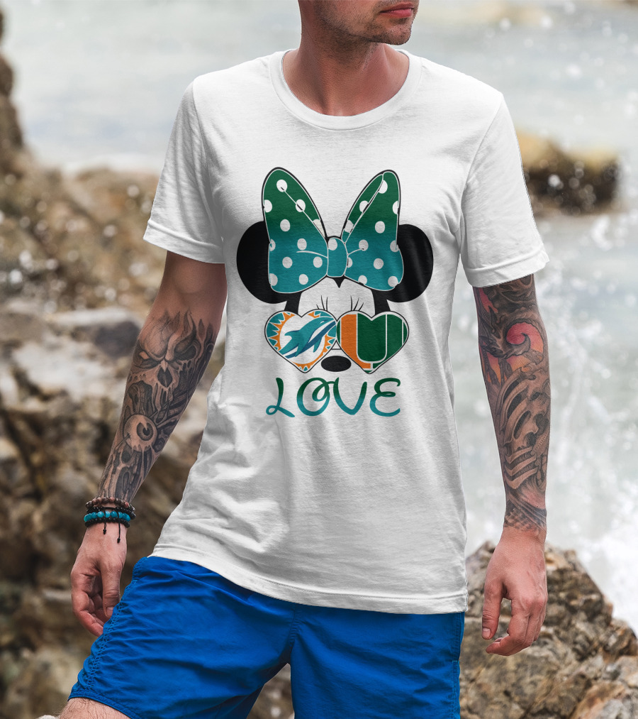 Miami Dolphins Hurricanes Love Minnie Mouse Polka Dot Bow T-Shirt