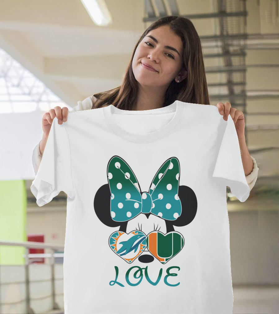 Miami Dolphins Hurricanes Love Minnie Mouse Polka Dot Bow T-Shirt