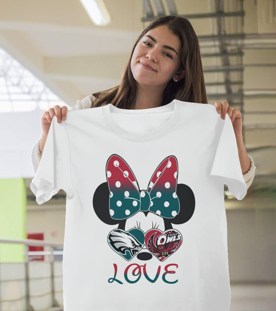 Minnie Mouse Bow Love Philadelphia Eagles Temple Owls Hearts T-Shirt