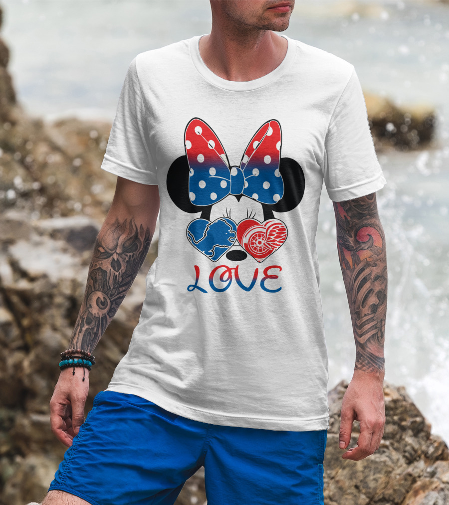 Love Minnie Mouse Detroit Lions Red Wings Bow Hearts T-Shirt
