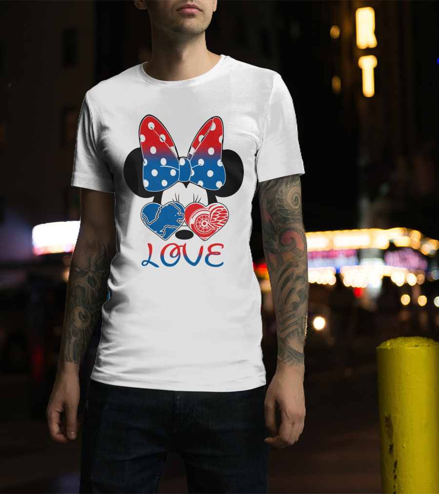 Love Minnie Mouse Detroit Lions Red Wings Bow Hearts T-Shirt