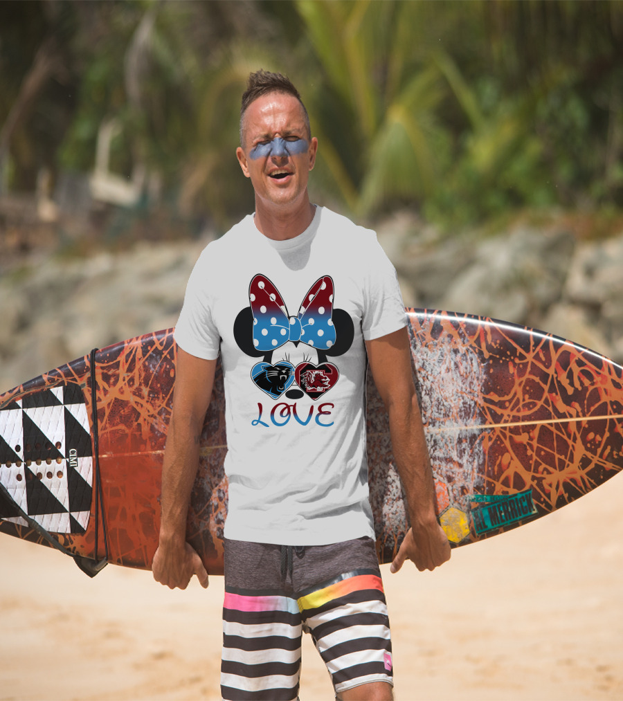 Love Carolina Panthers South Carolina Gamecocks Minnie Bow Hearts T-Shirt