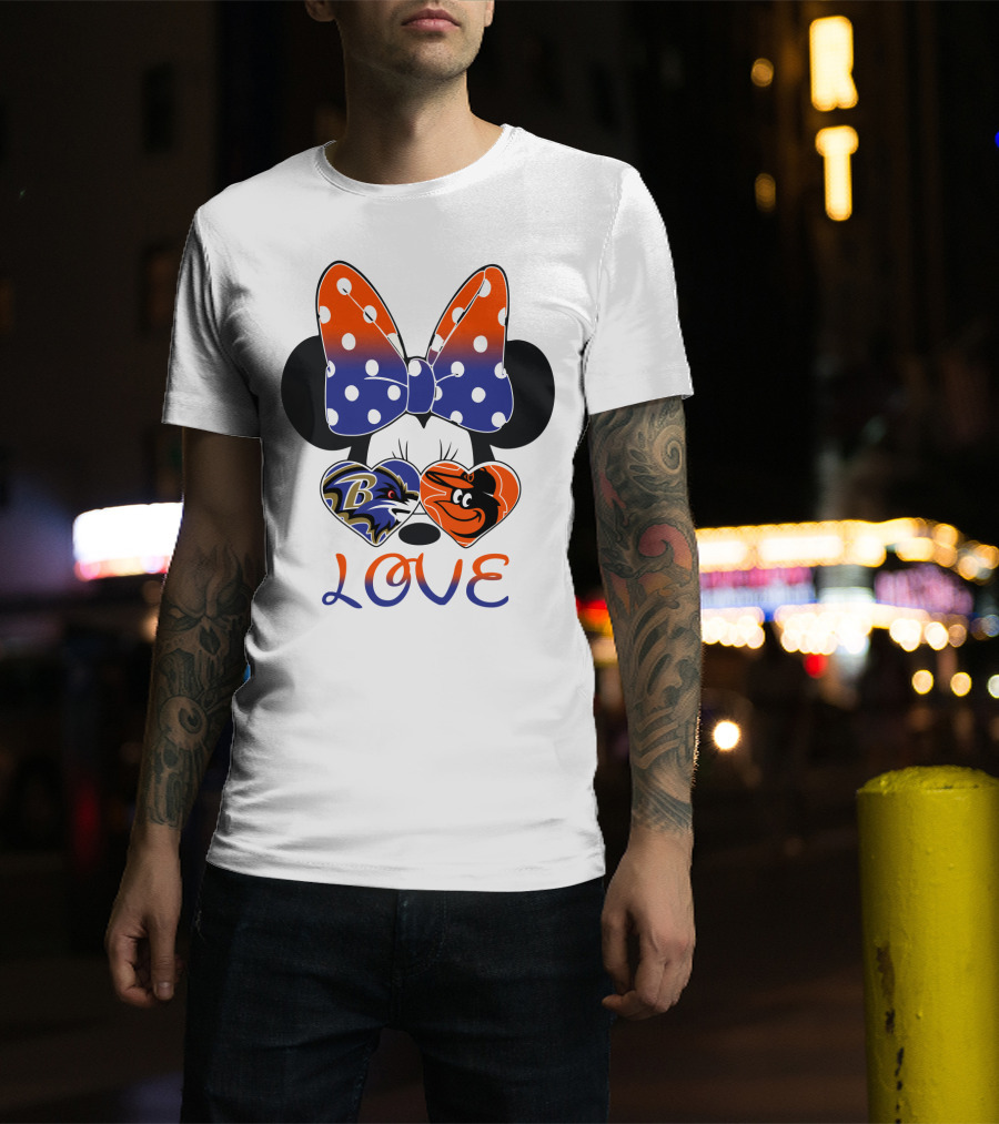 Love Baltimore Ravens Orioles Minnie Mouse Bow T-Shirt