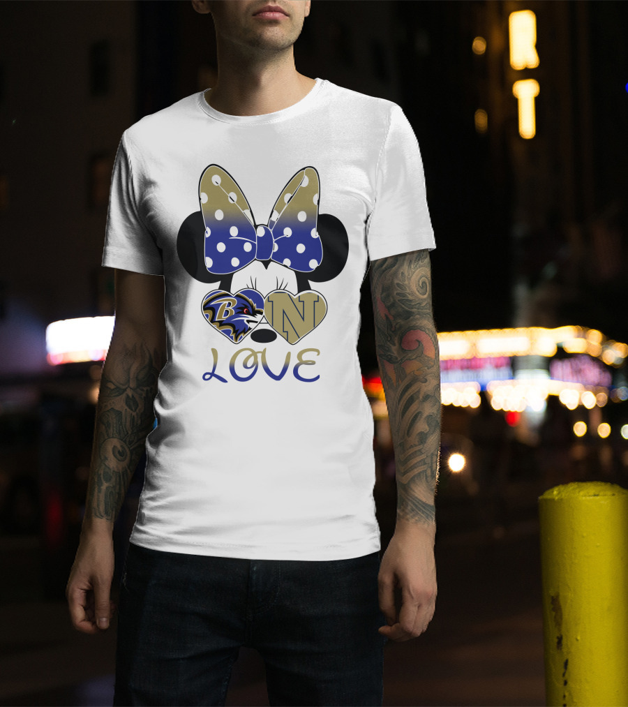 Minnie Mouse Love Baltimore Ravens Navy Logo Hearts Bow T-Shirt