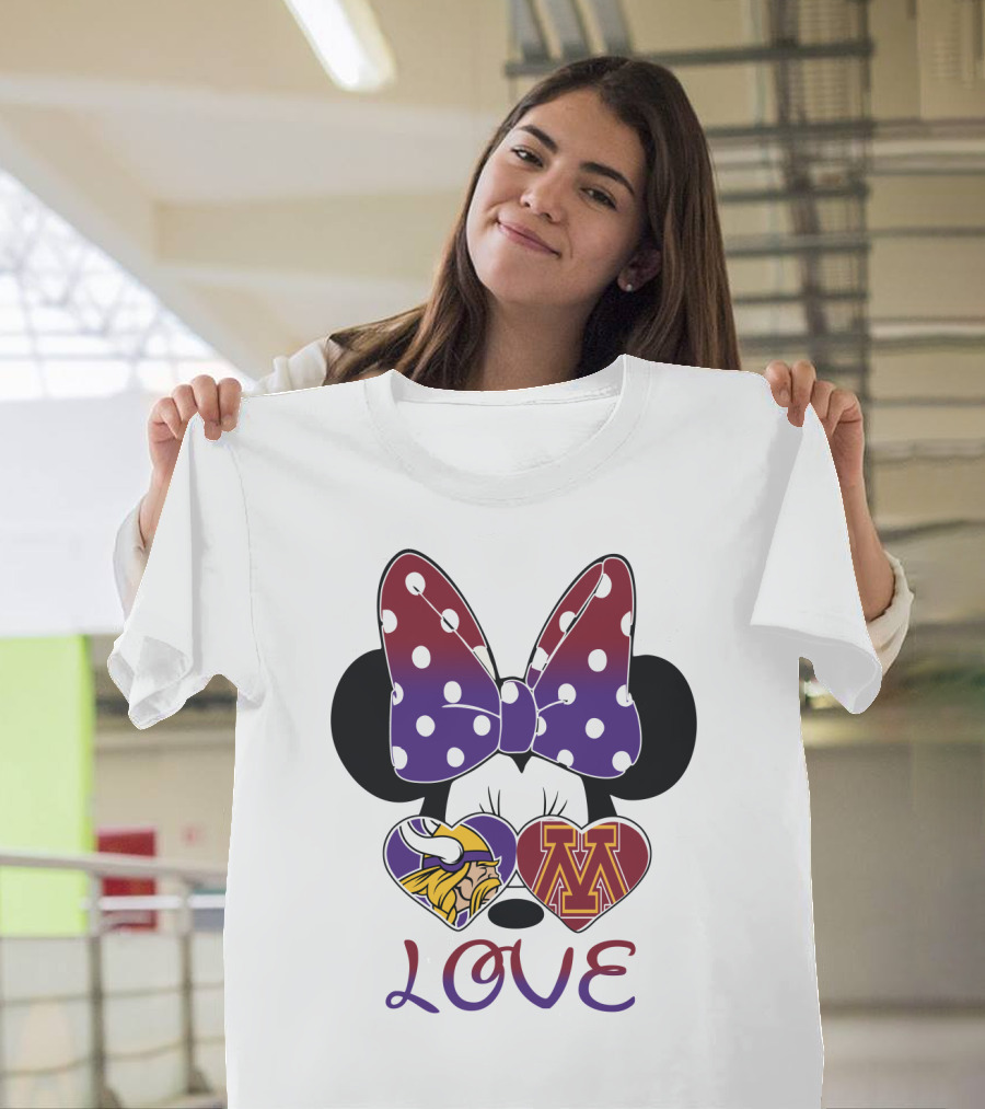 Minnie Mouse Bow Love Vikings Minnesota U Logo Hearts T-Shirt
