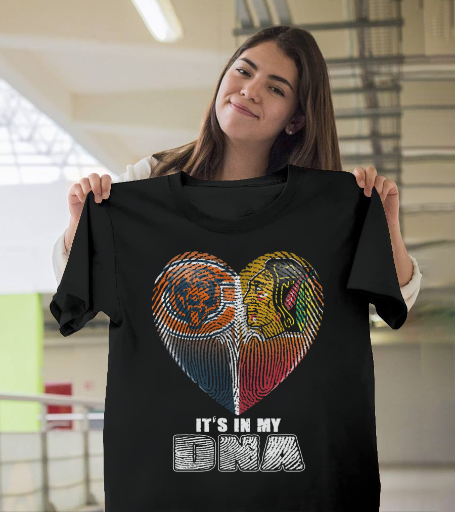 It's In My Dna Chicago Bears Blackhawks Fingerprint Heart T-Shirt