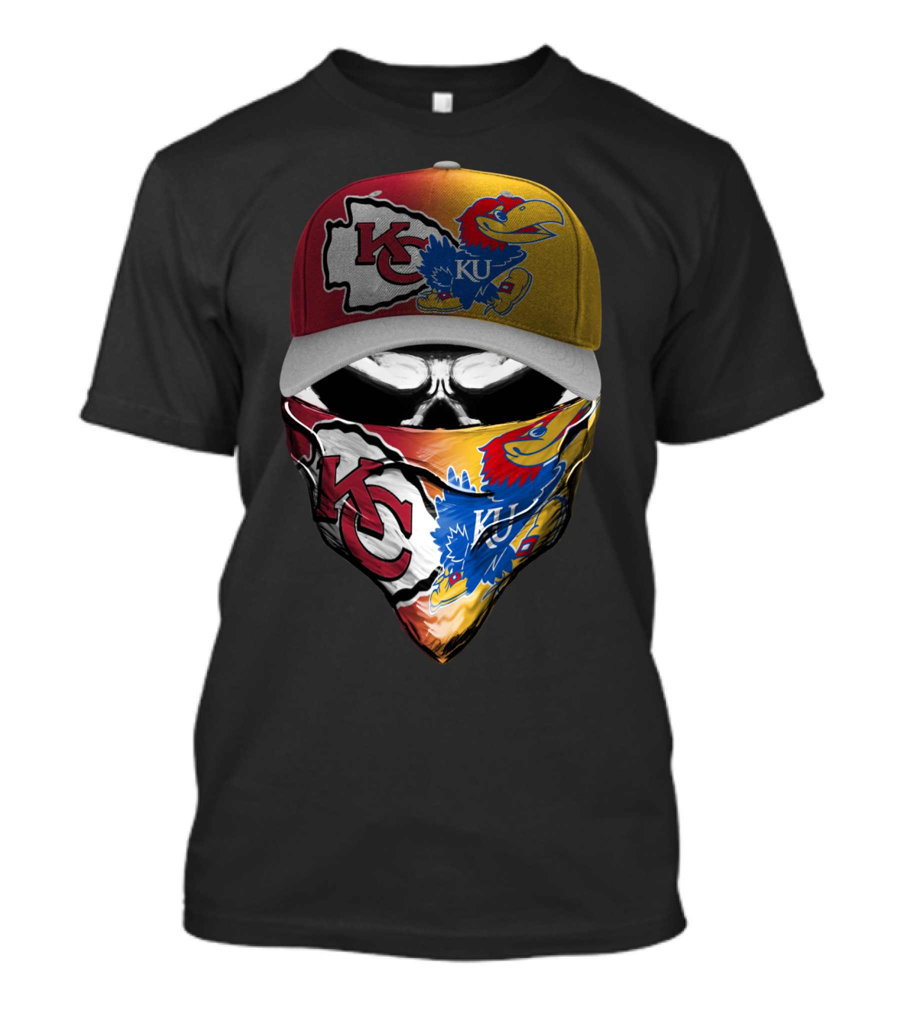 Kansas City Chiefs And Kansas Jayhawks Skull Bandana Hat Fusion T-Shirt
